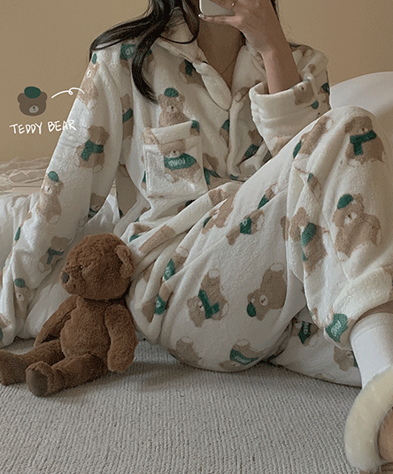 [커플가능] 포근하게 모자쓴 곰돌이 수면잠옷 세트